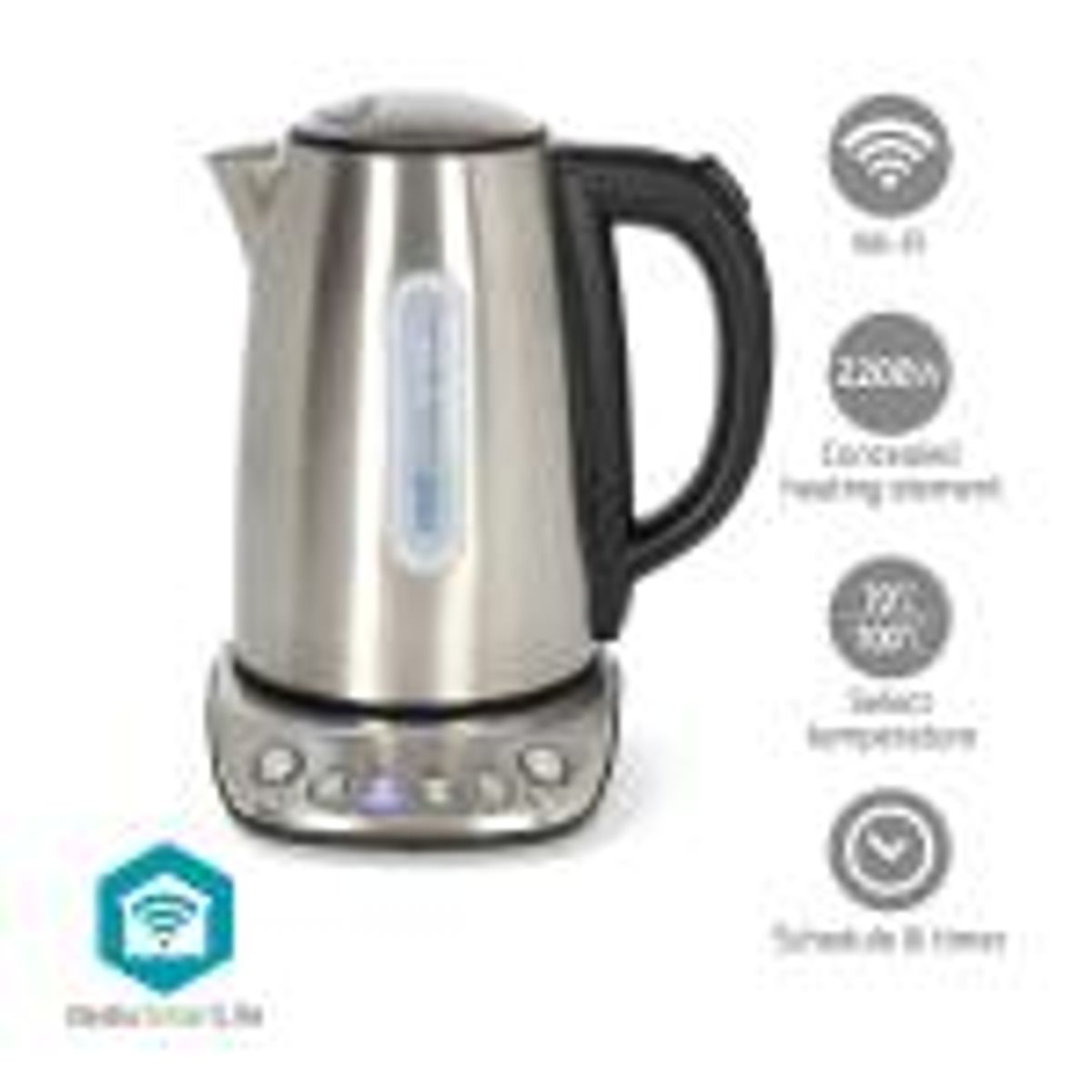 Nedis SmartLife Elkedel | Wi-Fi | 1.7 l | Rustfrit stål | 70,80,90,100 °C | Temperaturindikator | Drejelig 360 grader | Skjult varmeelement | Strix ®-controller | Android / IOS