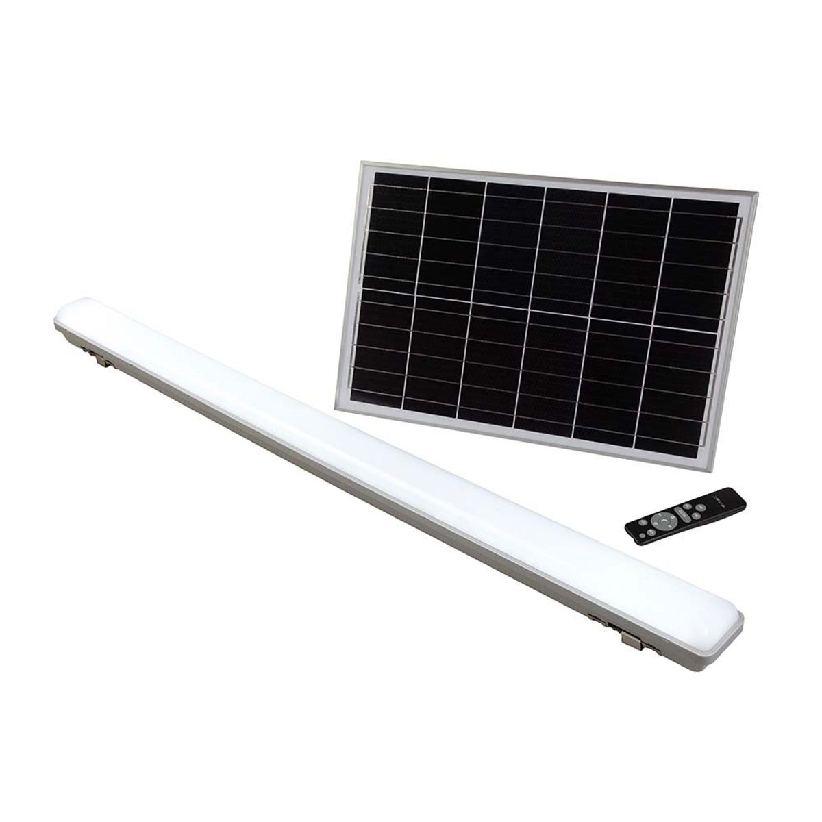 V-Tac 120cm armatur inkl. solcellepanel - 18W, CCT(3-i-1), Sensor, RF fjernbetjening, IP65 udendørs - Kulør : 3-i-1