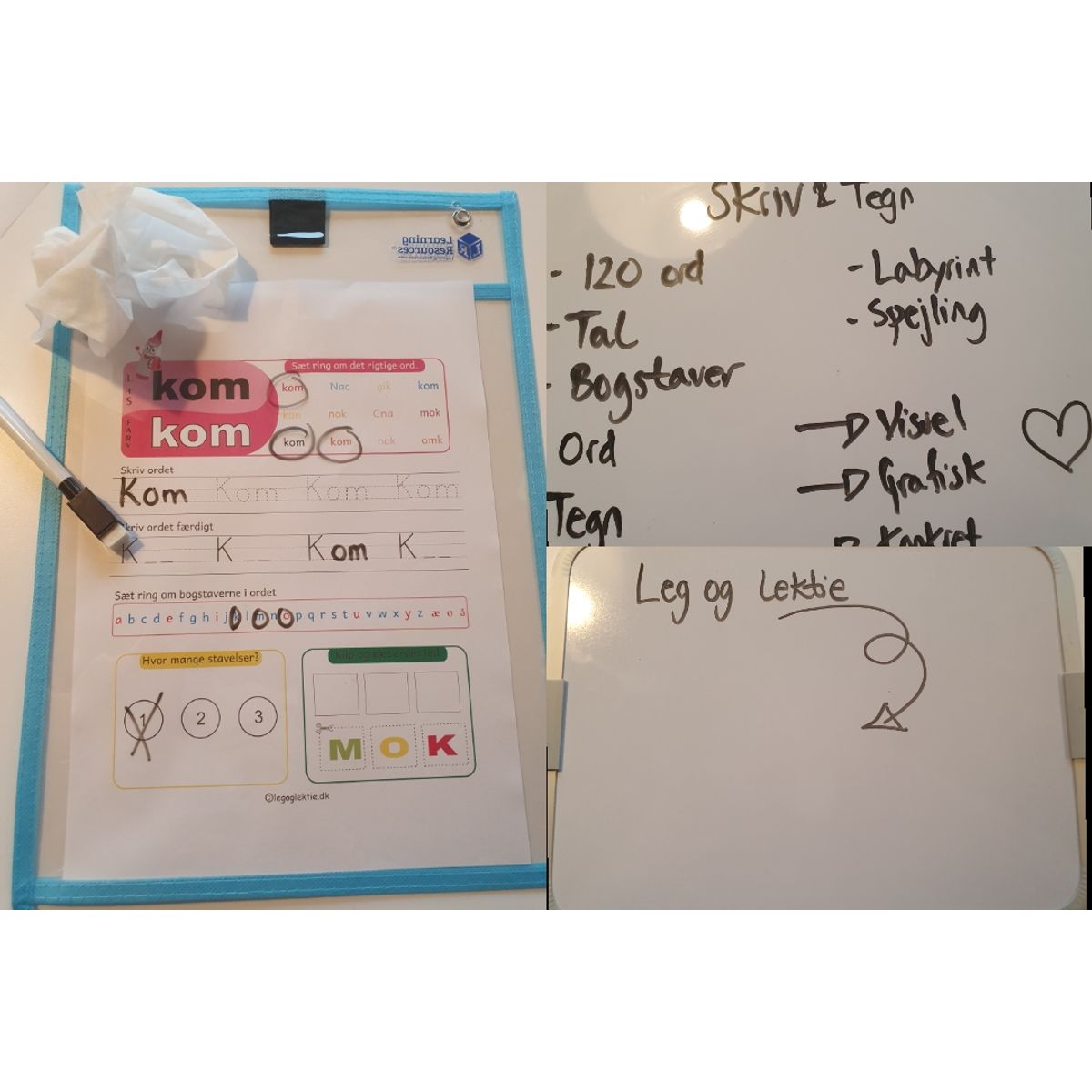 2 x lommer med tuscher og en lille whiteboard tavle