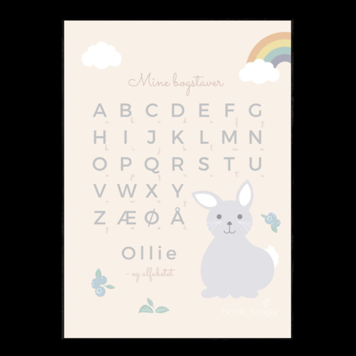 Alfabetplakat med navn | Kanin - 30x40 cm i ramme Natur Eg - Nordic Simply
