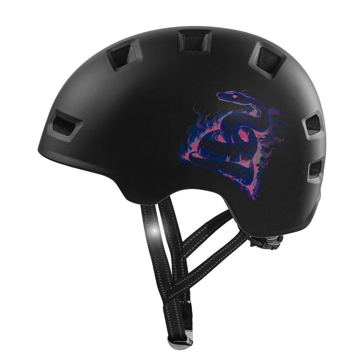 Lilla Slange cykel- og skaterhjelm L 57-61cm til teenagere og voksne, Crazy Safety med seje mønstre og reflekterende stropper. Certificeret EN 1078.