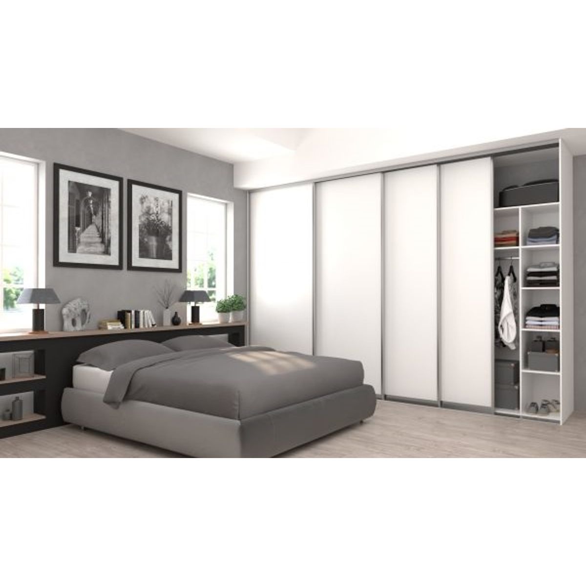 Luksus Garderobeskab 380,30 Cm Med 3 Hvide Skydelåger Hylder Og Bøjlestænger, Dansk Design, Nem Montering