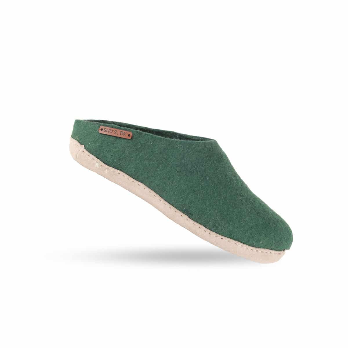 Sutsko, klassisk uldtøffel, (100% ren uld) - Model Grøn m/sål i skind - Dansk Design fra SHUS