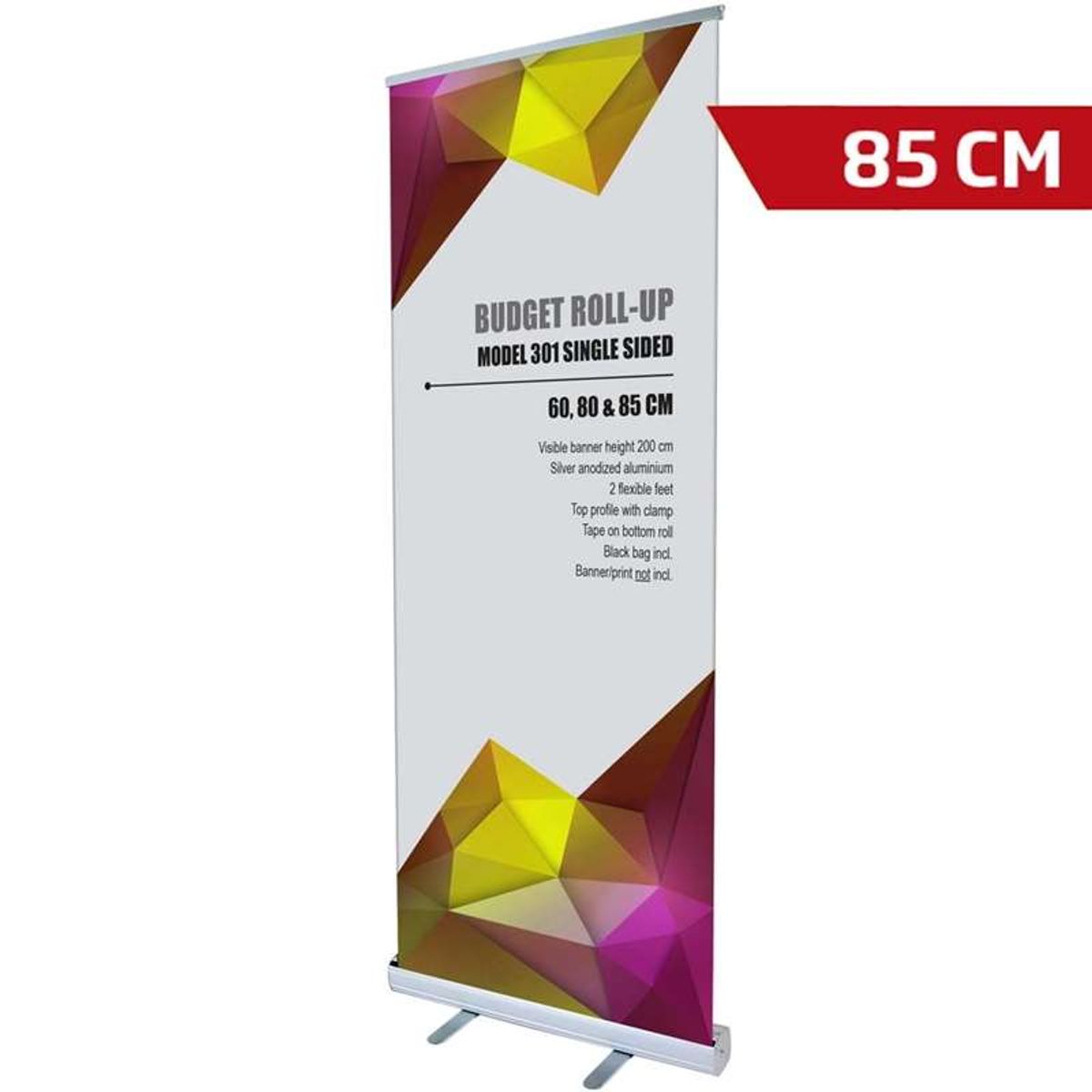 Budget Roll-up, enkeltsidet, alu/sølv, 85 cm, inkl bannerprint