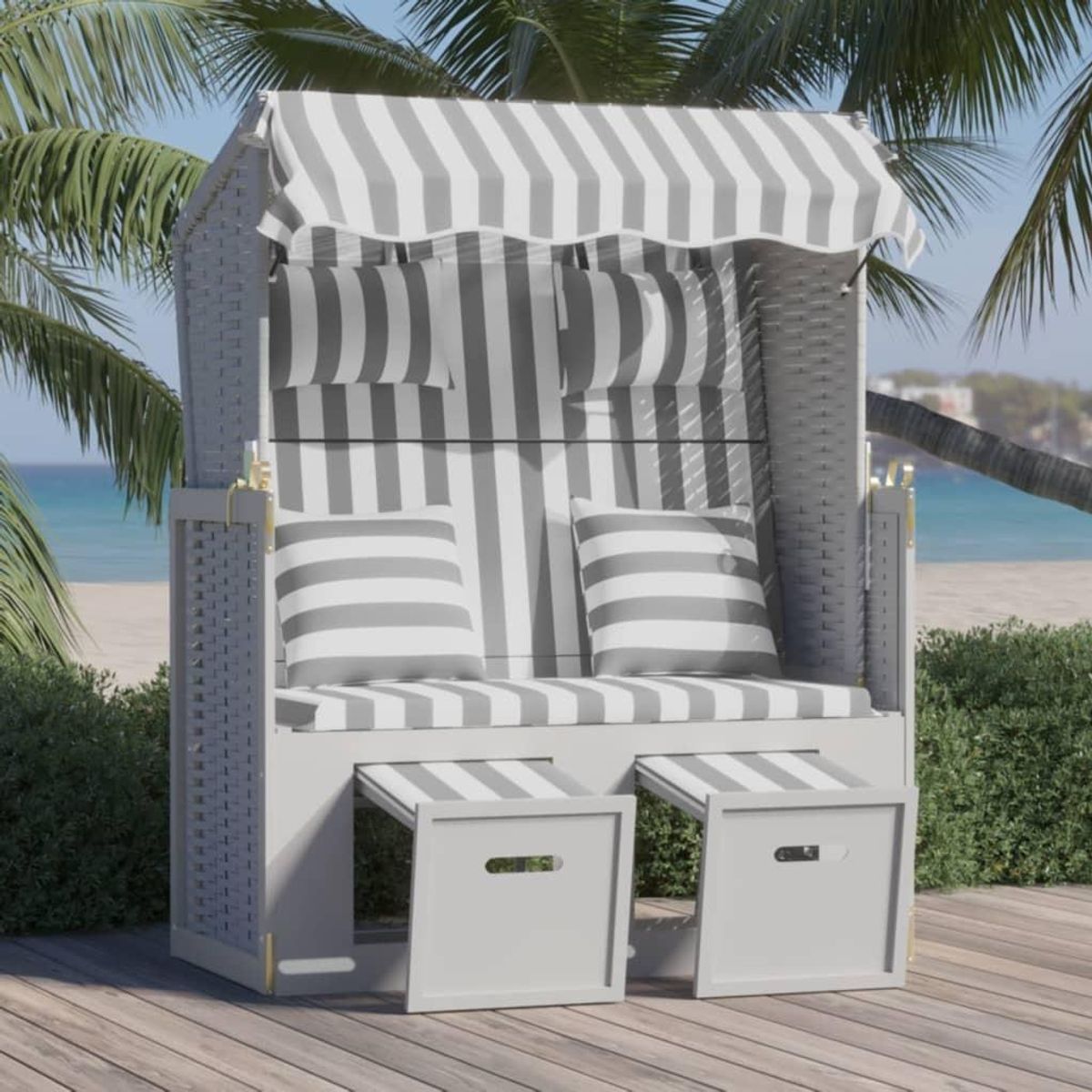 Strandstol med hynder polyrattan og massivt træ grå og hvid