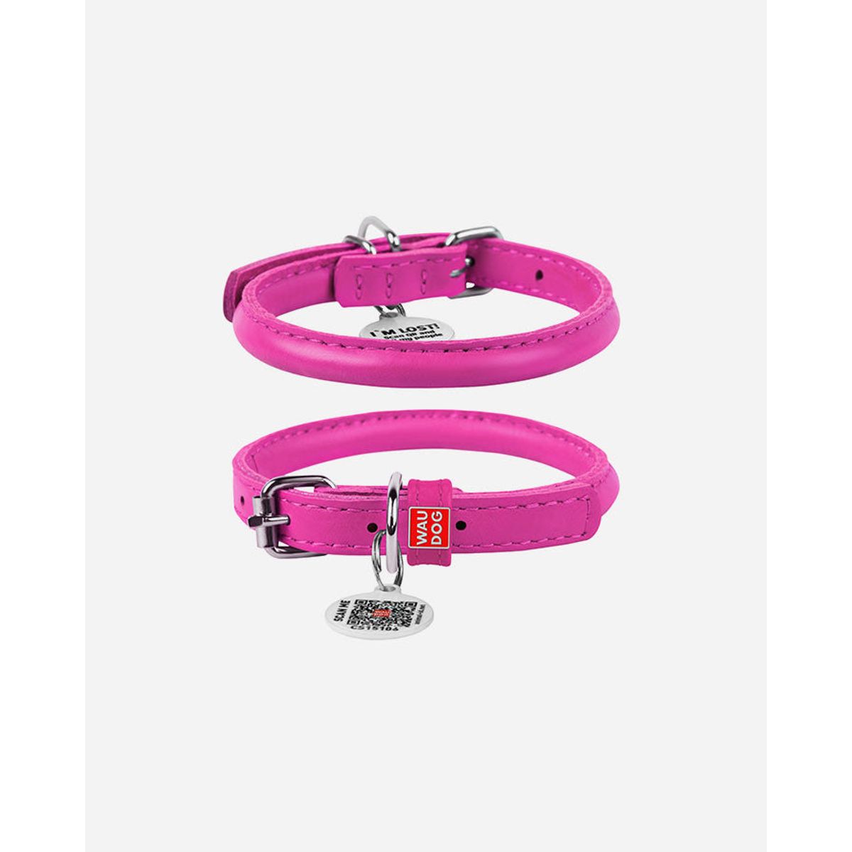 Waudog rundsyet læder halsbånd - Pink, 17-20 cm