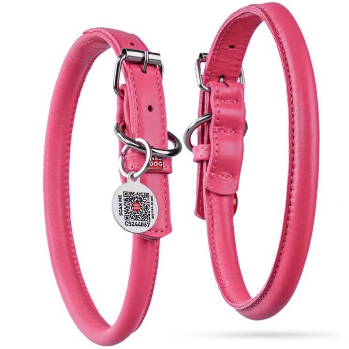 Waudog rundsyet læder halsbånd, Pink, 17-20 cm